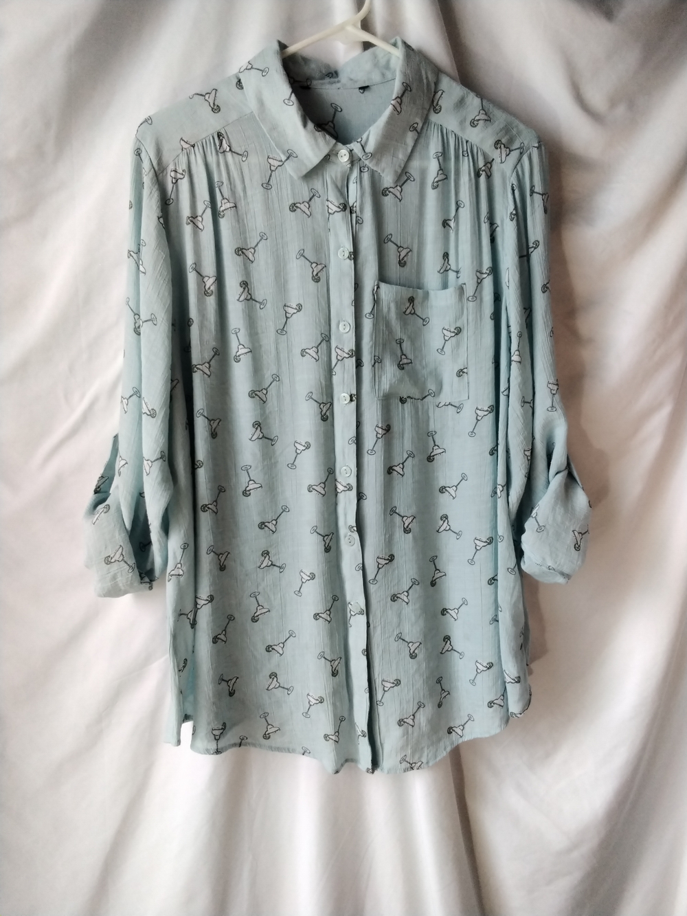 Light Blue Button-Up Shirt with Martini Glass Print